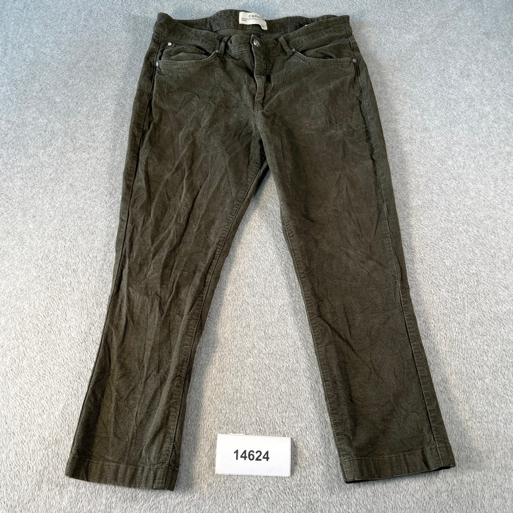 Celio Corduroy Pants Mens 34 Olive Green Cotton Stretch Streetwear Straight Leg